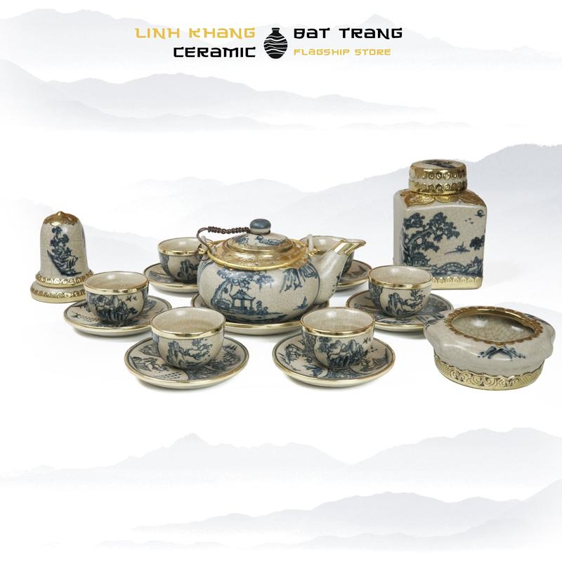 Bộ Ấm Chén Men Rạn Cổ Bọc Đồng Nguyên Chất Dáng Nhật 400ml - Gốm Sứ Bát Tràng LINH KHANG