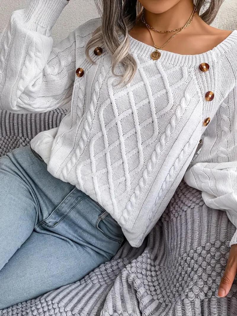 Women's Plain Cable Knit Fake Buttons Raglan Sleeve Sweater, Casual Boat Neck Long Sleeve Pullover Jumper, Women's Spring & F...