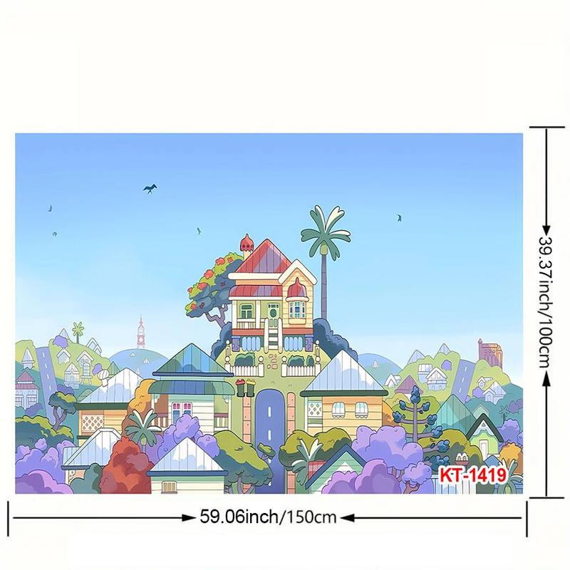 Product Introduction of Cartoon Dog Theme Backdrop, Cartoon Sky Building Photography Background, Photo Booth Banner Props for Birthday Party Decorations 1