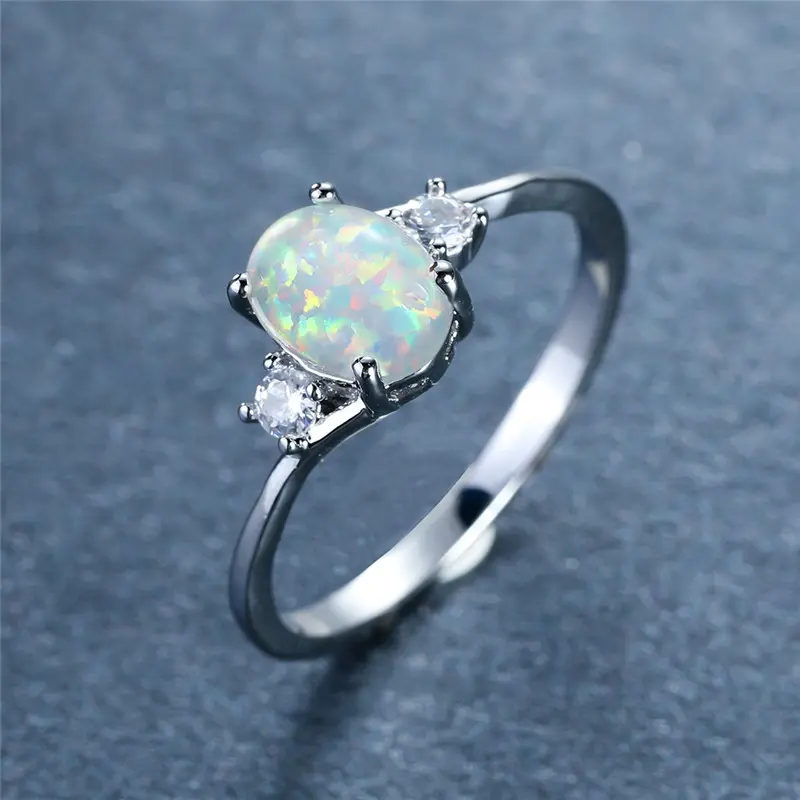 White Opal Stone Engagement Ring Classic Silvery Color Luxury Artificial Crystal Oval Wedding Rings For Women 2