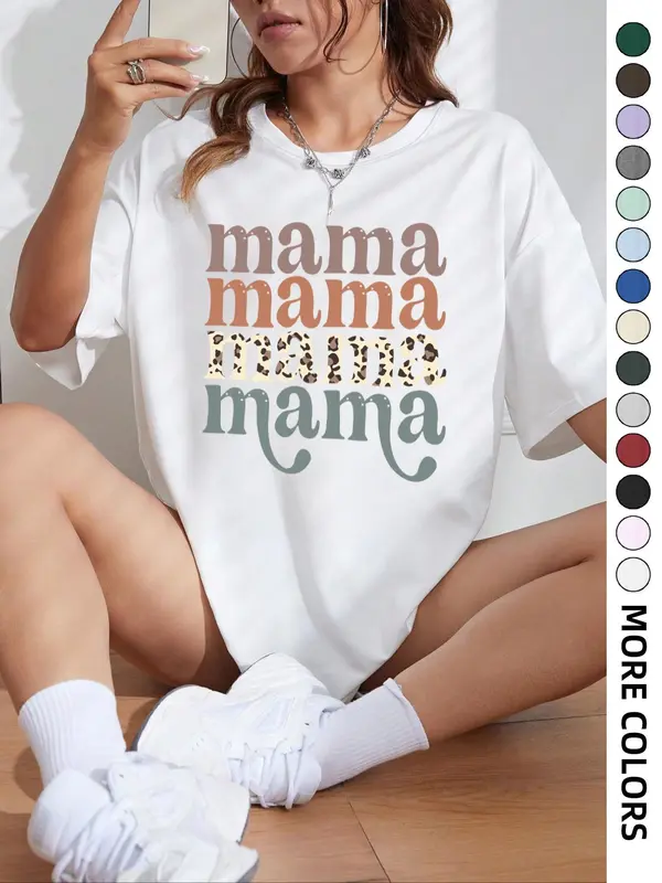 Women's "mama" Letter Print Round Neck Graphic Tee, Vintage Trendy Casual Drop Shoulder Half Sleeve T-shirt For Daily Wear, Ladies Summer Outfit 2