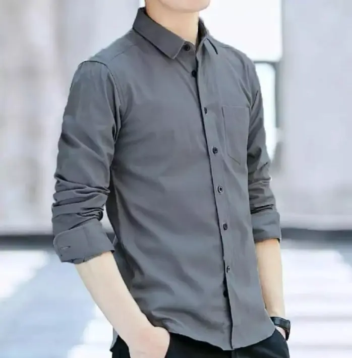 Kemeja Polos Abu Lengan Panjang Pria Kerja Katun Ukuran M L XL Kantong Nyaman Slim Formal Slim Hitam