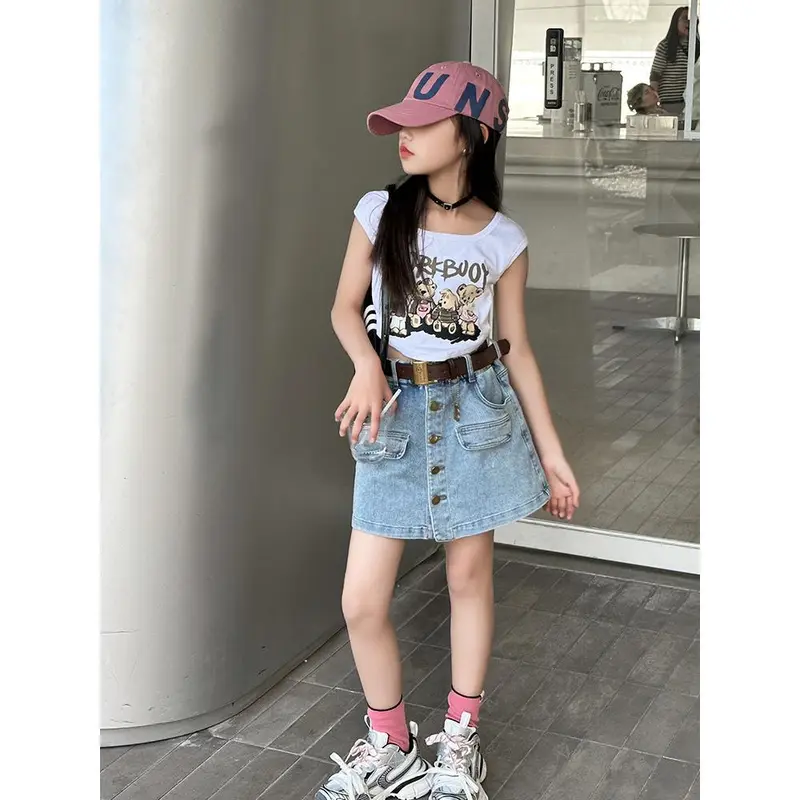 Bộ Quần Áo Trẻ Em, Áo Ngắn Tay, Váy Denim, Cho Bé Gái, Mùa Hè 2024 Mới, Phong Cách Người Nổi Tiếng Trên Internet, Váy Trẻ Em Lớn, Hai Mảnh, 0520 6