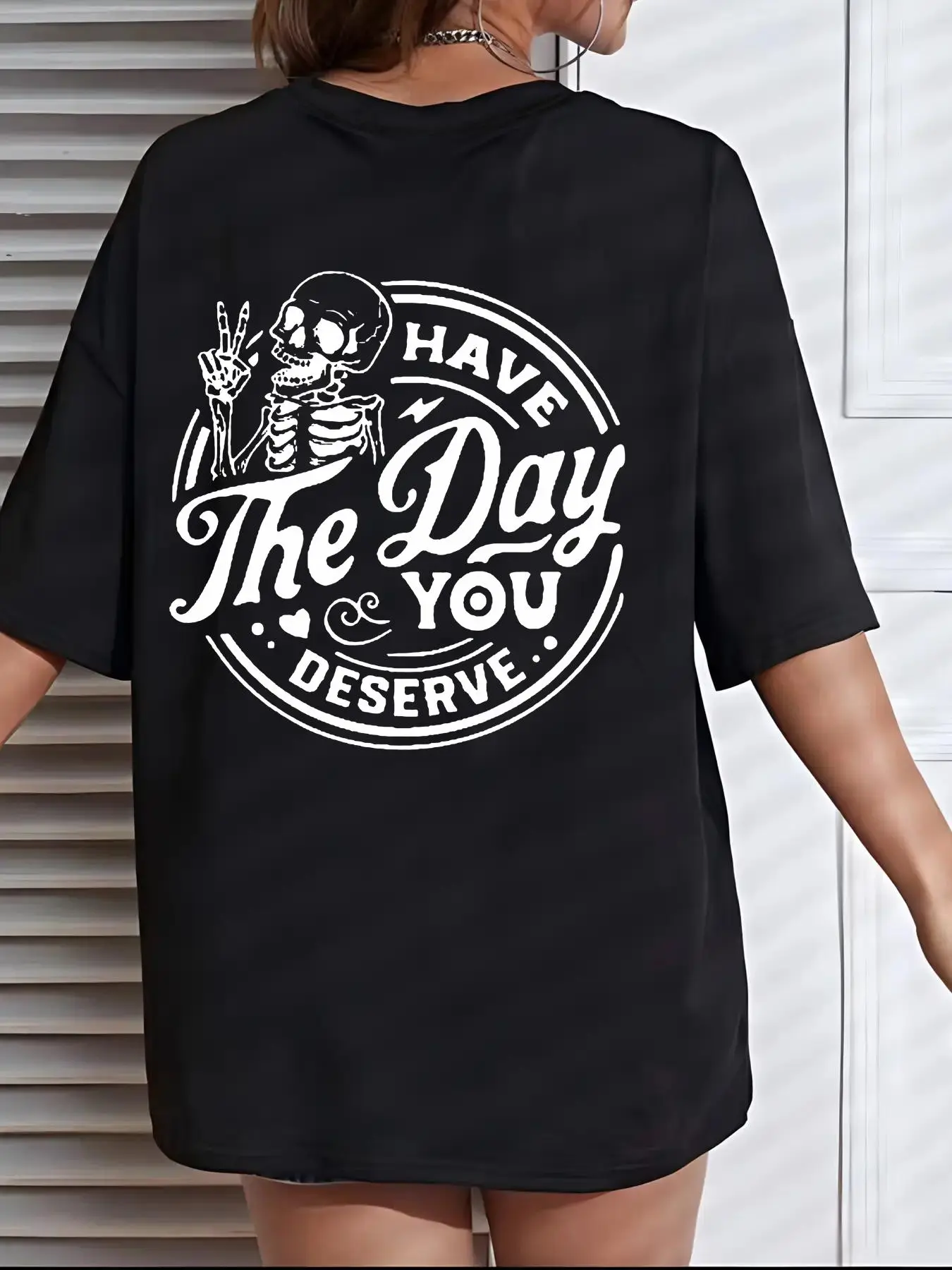 Women's Streetwear Letter & Skeleton Print Drop Shoulder Tee, Casual Half Sleeve Round Neck T-shirt for Daily Wear, Ladies Clothes for All Seasons