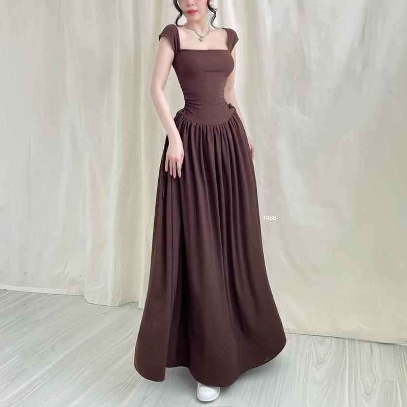 D164 Đầm Rút Eo Chất Thun Tăm Co Giãn Nữ Nhung Kem 6