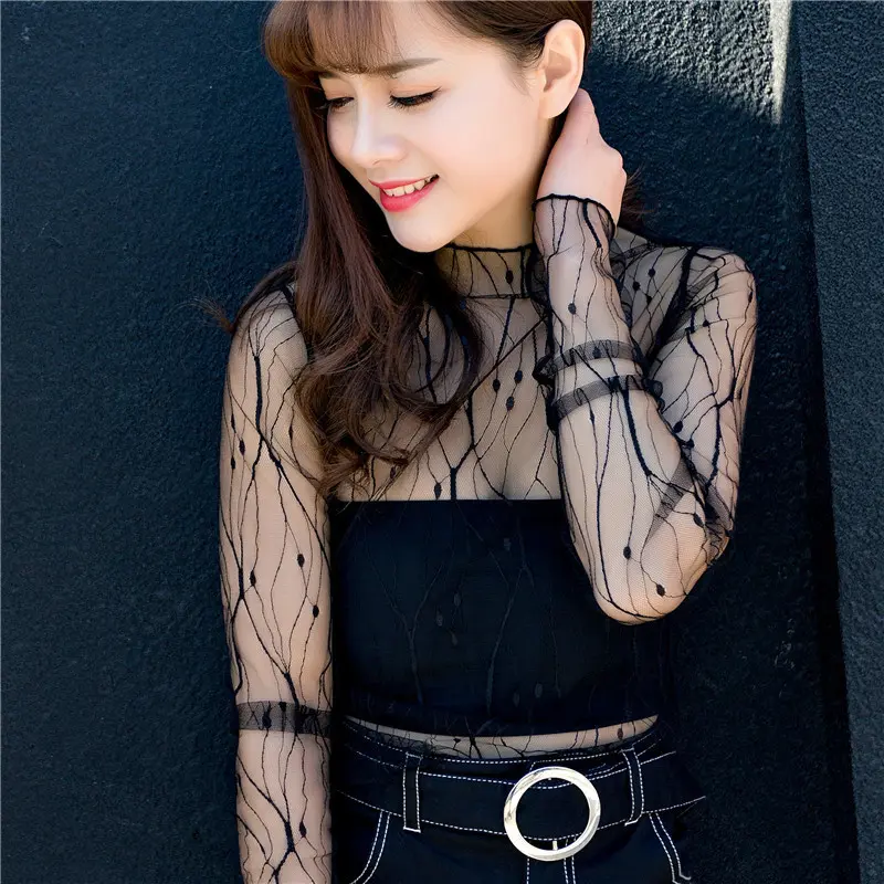 New Spring Summer Mesh Base Shirt Women Fishnet Mesh Shirt Sheer Sexy Small Stand Collar Long Sleeve Lace Shirt