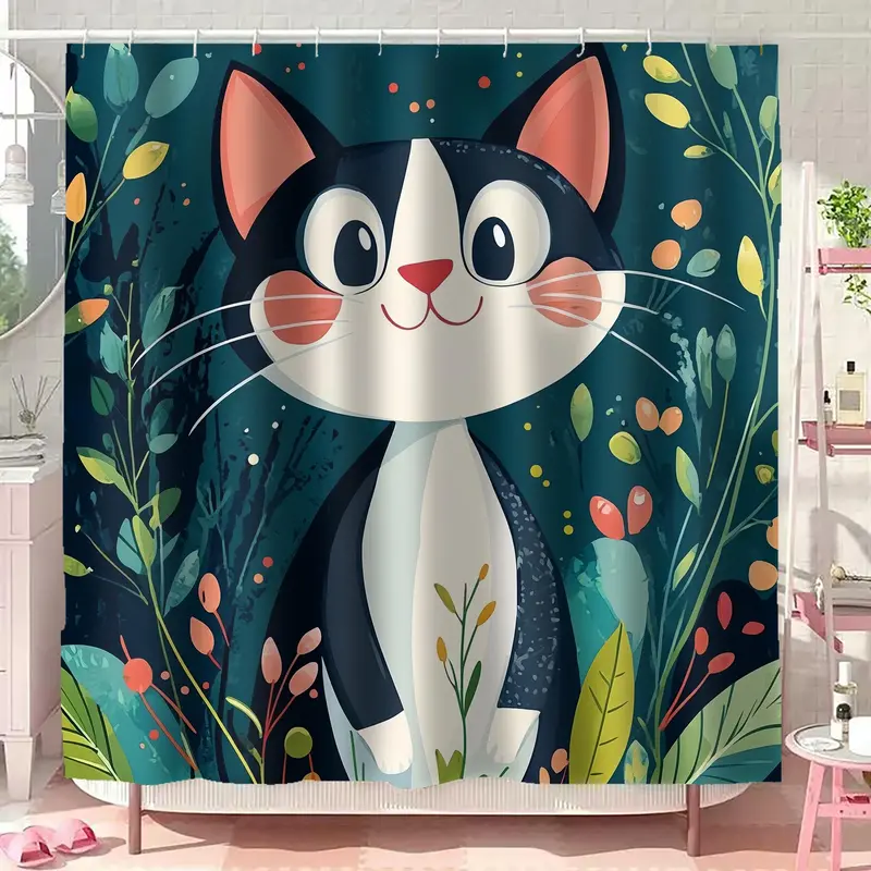 Cat Pattern Bathroom Decor Set, 4 Counts/set Including Shower Curtain & Toilet Lid Cover & Bath Mat & U-shaped Mat, Bathroom Accessories 5