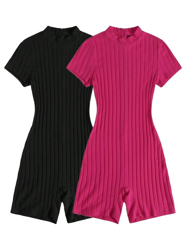 Summer Clothes Women's Plain Zipper Back Mock Neck Romper, Mean Girls Outfit, Minimalist Casual Short Sleeve Ribbed Romper for Summer, Womenswear, Lady Clothes for Daily Wear, Summer Clothes 2