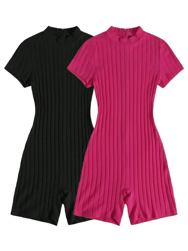 Summer Clothes Women's Plain Zipper Back Mock Neck Romper, Mean Girls Outfit, Minimalist Casual Short Sleeve Ribbed Romper for Summer, Womenswear, Lady Clothes for Daily Wear, Summer Clothes 2