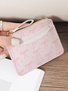 Portatarjetas con patrón de moño para mujer, ligero y portátil, con cierre de cremallera, bolsillo para monedas, tarjetas de crédito y identificación, cartera con cremallera a la moda para salir
