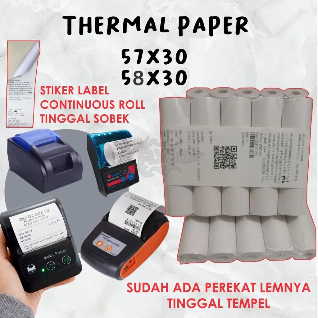 Label Direct Sticker Thermal 58mm x 5 meter TEBAL Label Kertas Stiker Thermal 57x30 58x30 58 57mm x 30mm Kertas Termal Print Label Pengiriman Printer Struck Struk