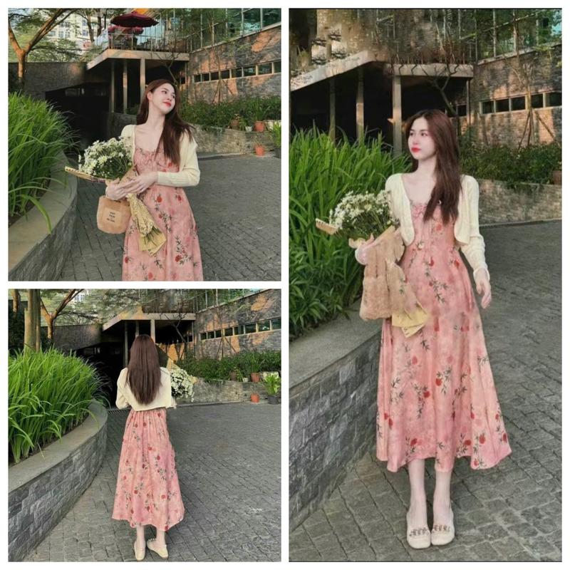Sét Váy Hoa nữ hai dây ( CÓ MÚT) kèm áo khoác sang chảnh, Thích hợp khi Đi Tiệc Women Voan Dress Kem Màu Hồng 0