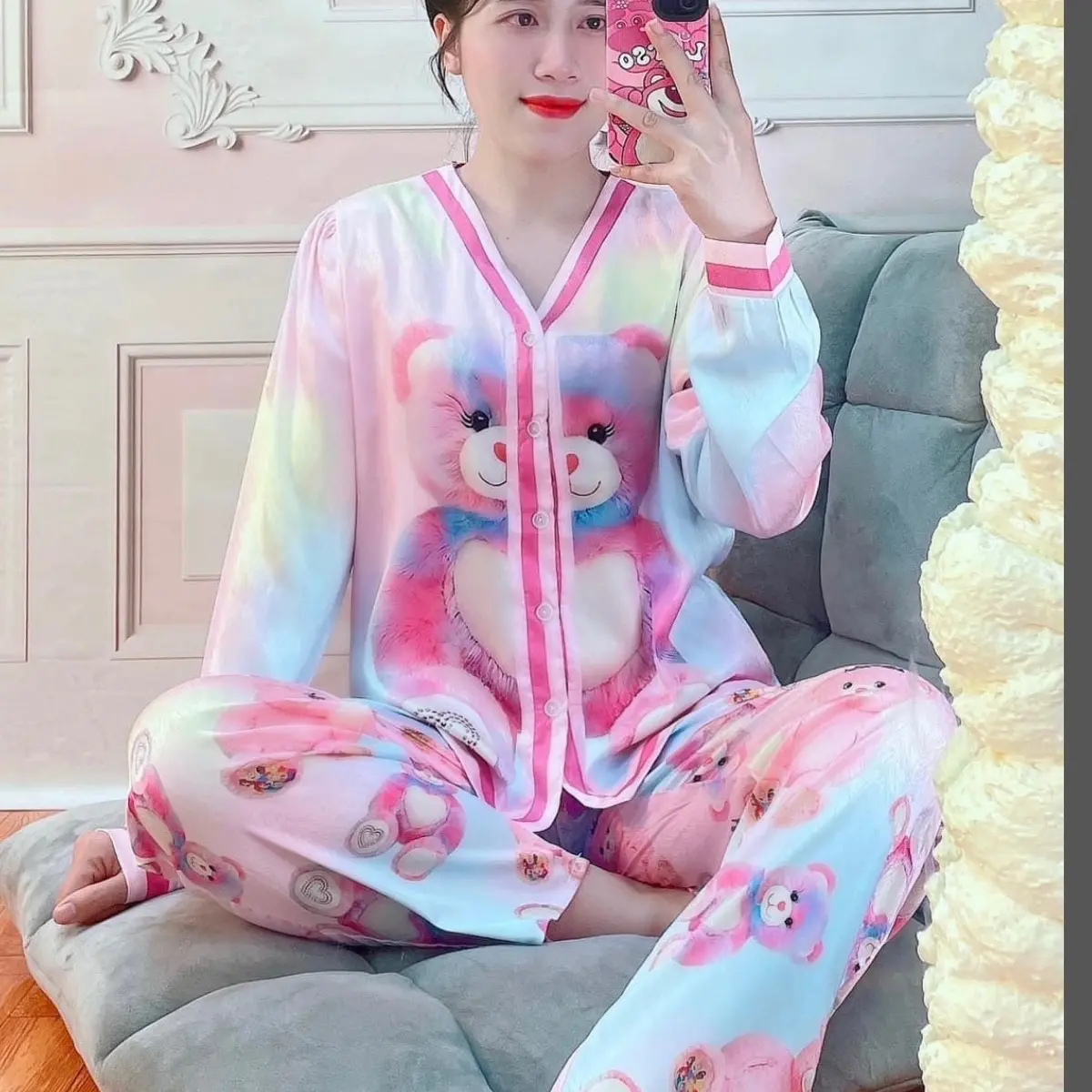 Đồ ngủ, đồ bộ pijama tay dài lụa xước dưới 60kg hoạ tiết Gấu tím