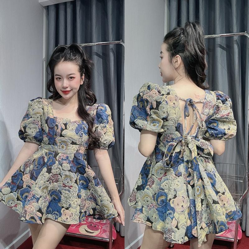 Bộ đồ Babydoll tiểu thư gấu tay phồng cột nơ lưng s110 Nữ Women Thun Dress Nhung Áo Top - Gấu Xanh