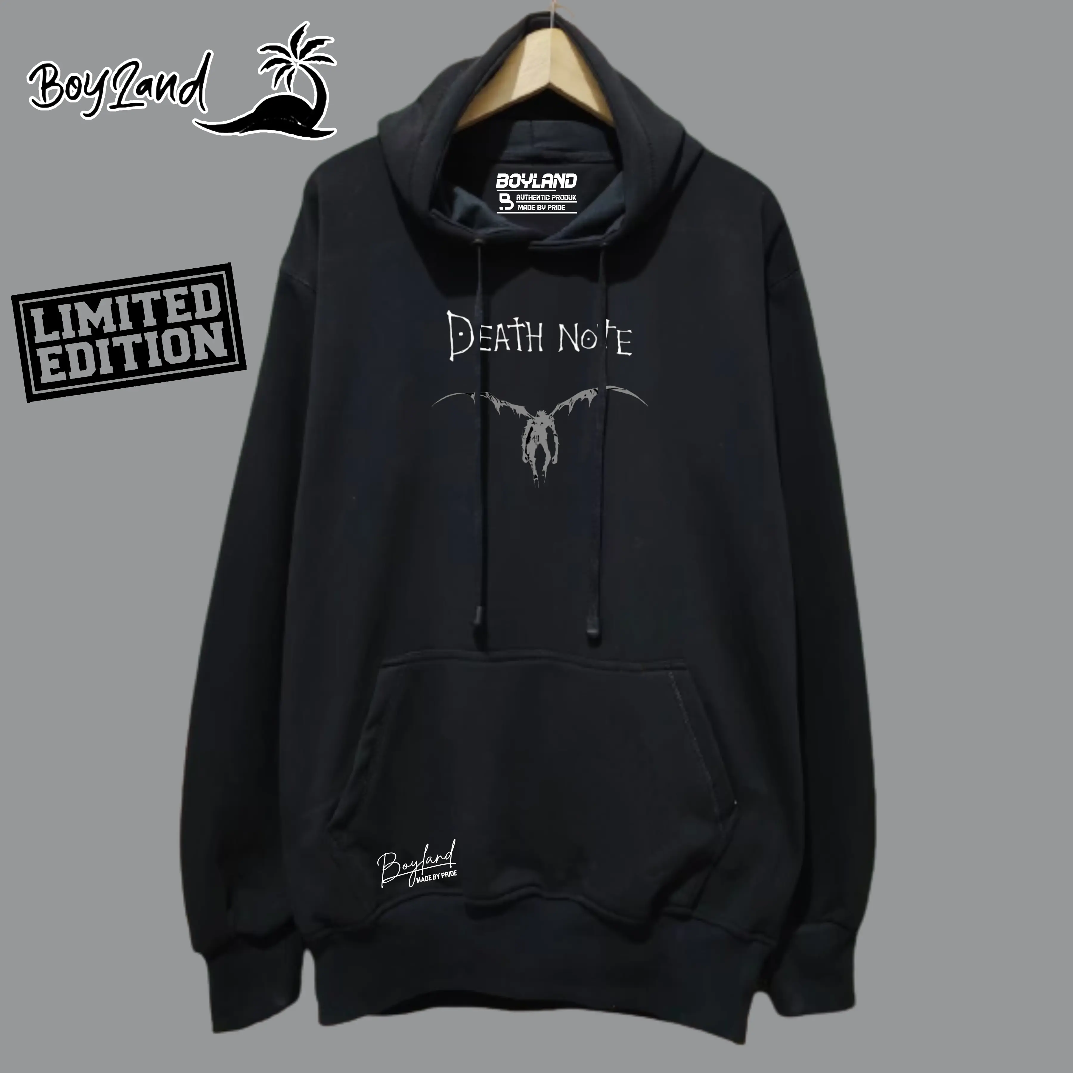 BoyLand Hoodie DEATH NOTE Unisex Cowok Cewek Sweater Cowo Oblong Basic Casual Authentic Distro Motif Sablon Warna Hitam Tangan Panjang Bahan Fleece Tebal Lembut Santai dan nyaman uniseks Pria Wanita Outdoor Keren Lokal Terbaru 2024 Oversize Bulat