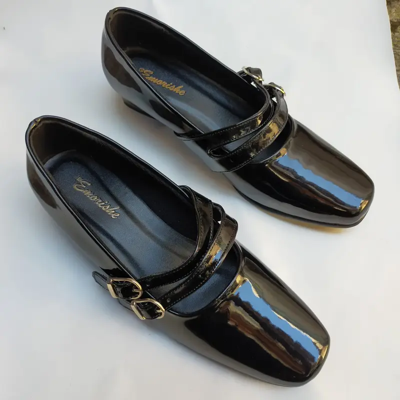 Mary Jane Shoes BIG SIZE 41-42-43-44-45 Sepatu Formal Paskibra Hak Tahu 3cm Tali Gesper2 Ukuran JUMBO BESAR Original EMRSH Heels Wanita sepatu pantofel hitam mengkilap tali sabuk 6