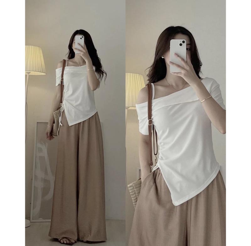 Set Áo Quần Bigsize Nữ, áo tay ngắn trễ vai 1 bên vạc chéo kết hợp quần dài ống rộng phong cách HQ, Vintage cho nữ Chuppy (60-95kg) - SET83