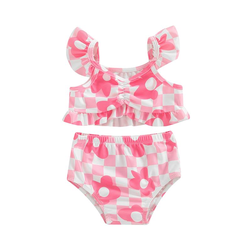 Product Introduction of Toddler Kid Baby Girls Bikini Set, Plaid Flower Print Fly Sleeve Camisole with Briefs Bathing Swimsuit for Summer Beach Playsuit 6 9 12 18 24 Months 2-3 Years Old Kid 44