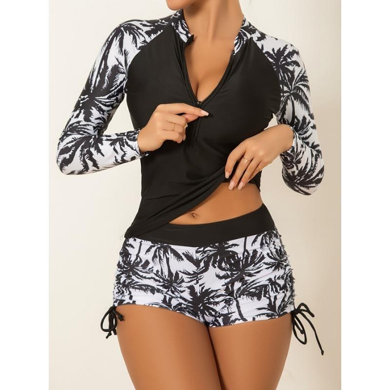 [Coconut Surfing Suit] 2pcs Women's Long Sleeve Coconut Tree Print Sunscreen Surfing Suit Swimsuit 1