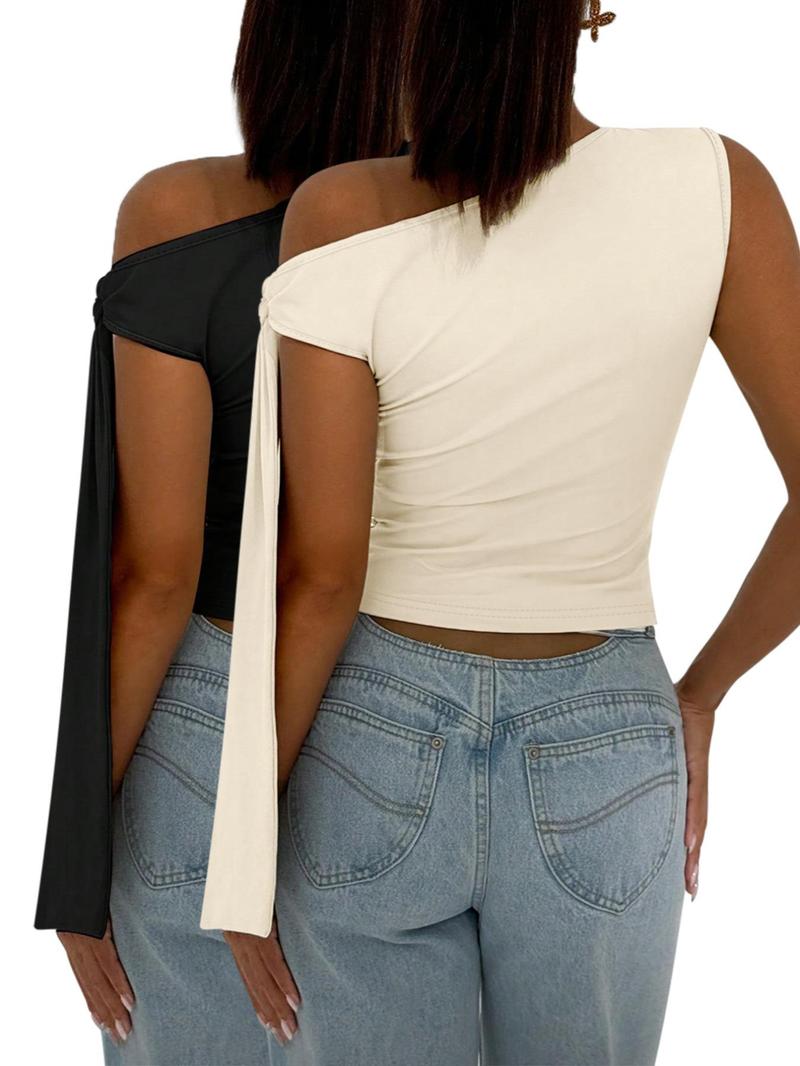 Product Introduction of Women's Solid Color Asymmetrical Neck Ruched Crop Top, Casual Sleeveless Top for Summer, Ladies Clothes for Daily Wear 2