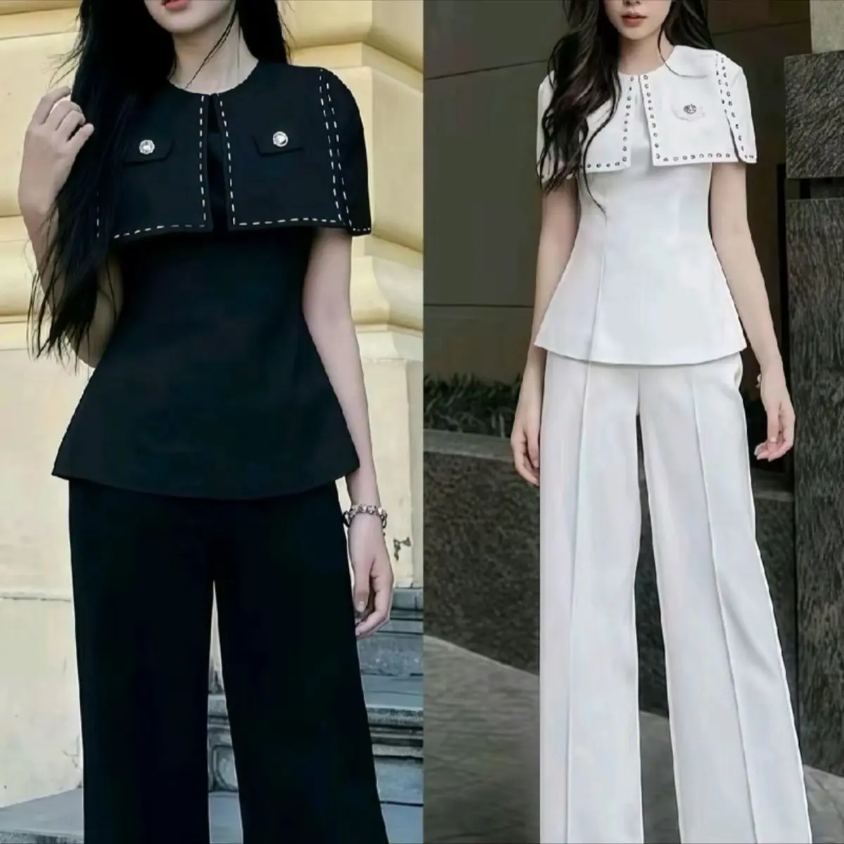 có bigsize. Sét bộ cổ pelum phong cách hàn quốc. quần suông ,có khoá kéo ,có bo chun lưng quần. ( size 40-73kg).
