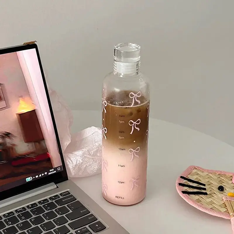 Bình Nước Nhựa, 500ML, Thiết Kế Hình Nơ Kawaii, Có Thang Đo Thời Gian, Trong Suốt, Thích Hợp Cho Các Môn Thể Thao Ngoài Trời Và Trường Học, Bình Nước Uống 7
