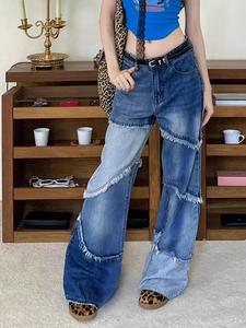 レディースハイウエストルーズデニムパンツ、カジュアルスタイルのオールシーズンウーブンパンツ、日常使いに快適なフィット感