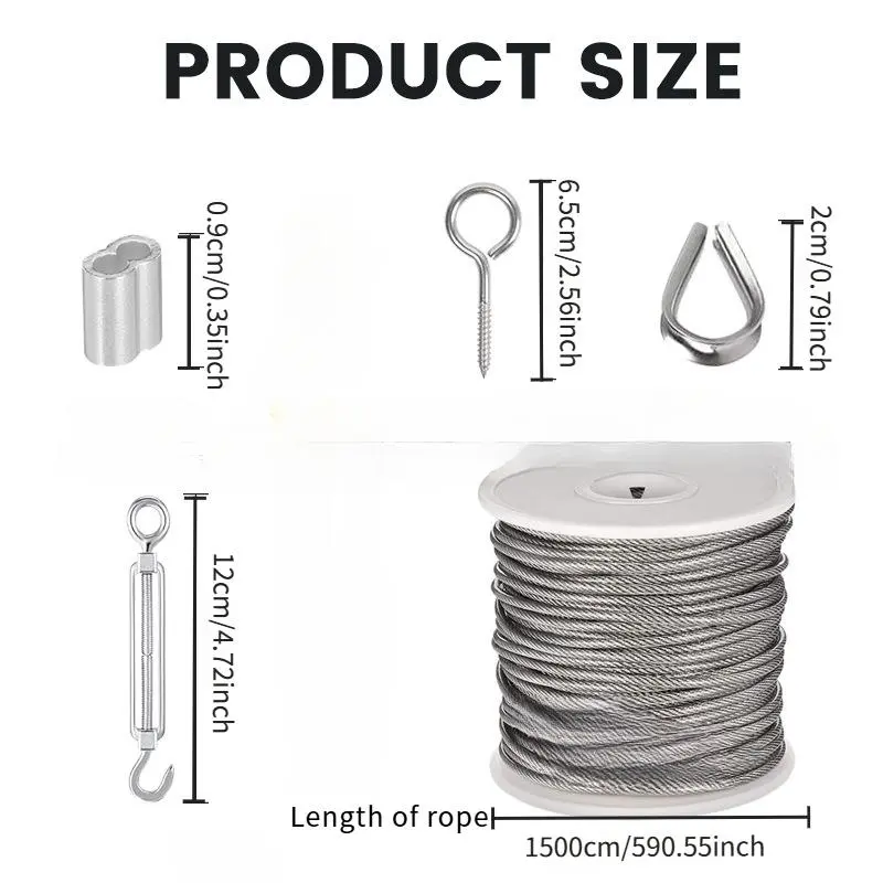 Stainless Steel Wire Rope Hanging Kit, Outdoor String Light Hook Tightening Line Pack, Garden Wire Rope, Outdoor Tent Rope, Cleaning Rope Kit, Tension Rope, Suspension Rope, Adjustable Hanging Ropes 1