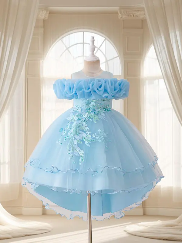Girl's Floral Embroidery Layered Tulle Formal Dress, Elegant Party Tutu Dress for Performance Show Wear, Kids Clothes for All Seasons 5