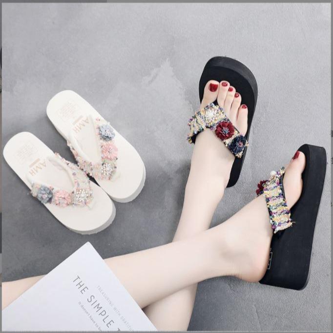 Dép Tông Nữ Dép kẹp Nữ Dép Xỏ Ngón Đế Cao Quai Đính Hoa Đế Xuồng DéP Shoes GiàY