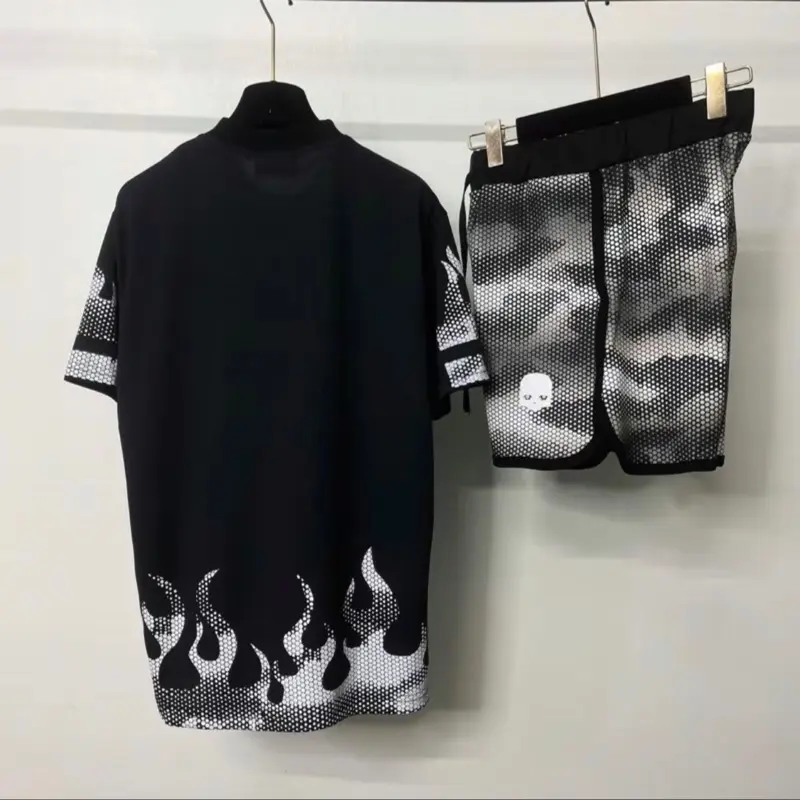 Bộ đồ nam cộc tay mặc hè PB cotton lưới in hoạ tiết logo đầu lâu Hydrogen loang hình đám lửa BH236P