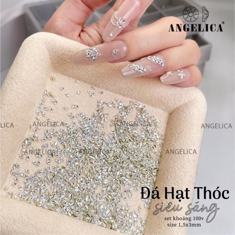  Sét 100 viên đá khối hạt thóc mini màu trắng trà ANGELICA sáng đẹp đính móng đá khối chân bằng nail 