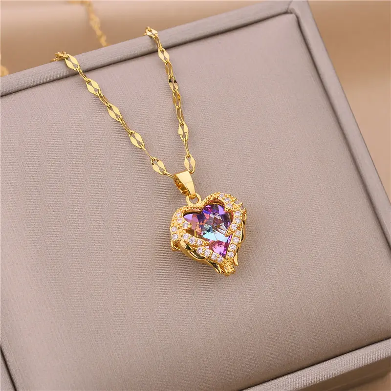 45.Kalung Titanium Wanita Model Love Ungu Anti Luntur Dan Anti Karat Simpel Elegan Korean Style Aksesoris Perempuan Harian Mewah Perhiasan Cewek Korea Terbaru choker rose gold 0