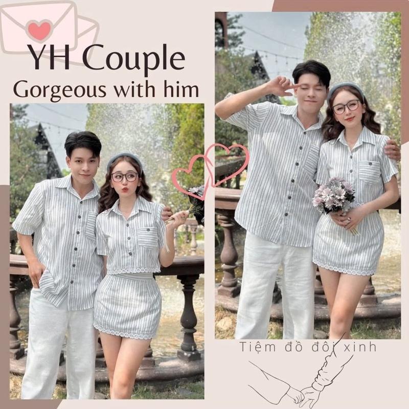 Set 3 món sơmi nam váy nữ sọc xám cá tính - YH Couple Shop áo đôi đôi