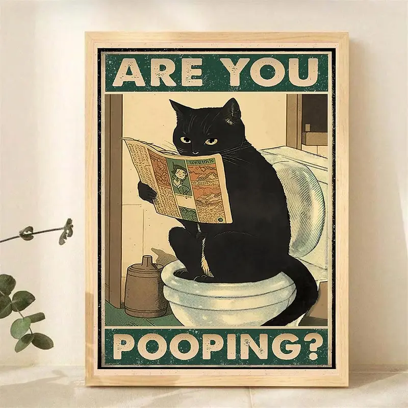 Vintage Cat Reading Newspaper on Toilet Pattern Unframed Painting, Funny Animal Pattern Wall Art, Wall Decor for Home Living Room Bedroom, Ornaments 4