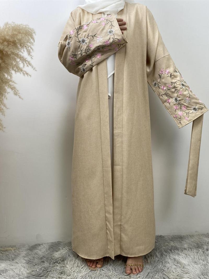 Product Introduction of Women's Floral Embroidery Long Sleeve Belted Abaya, Modest Casual Long Abaya Dress for Daily Wear, Women's Islamic Clothing for Spring & Fall 6