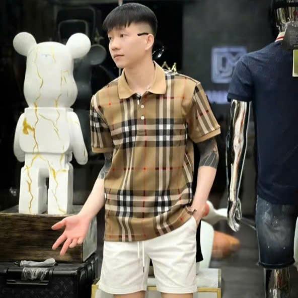 Áo thun nam cổ trụ cổ tròn B phối sọc, vải cotton co dãn form đẹp - Polo, Menswear