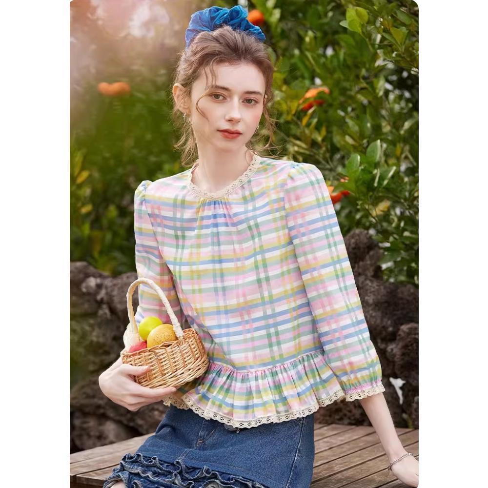 CHICMORE Atasan kemeja kotak-kotak longgar bergaya retro cantik untuk wanita