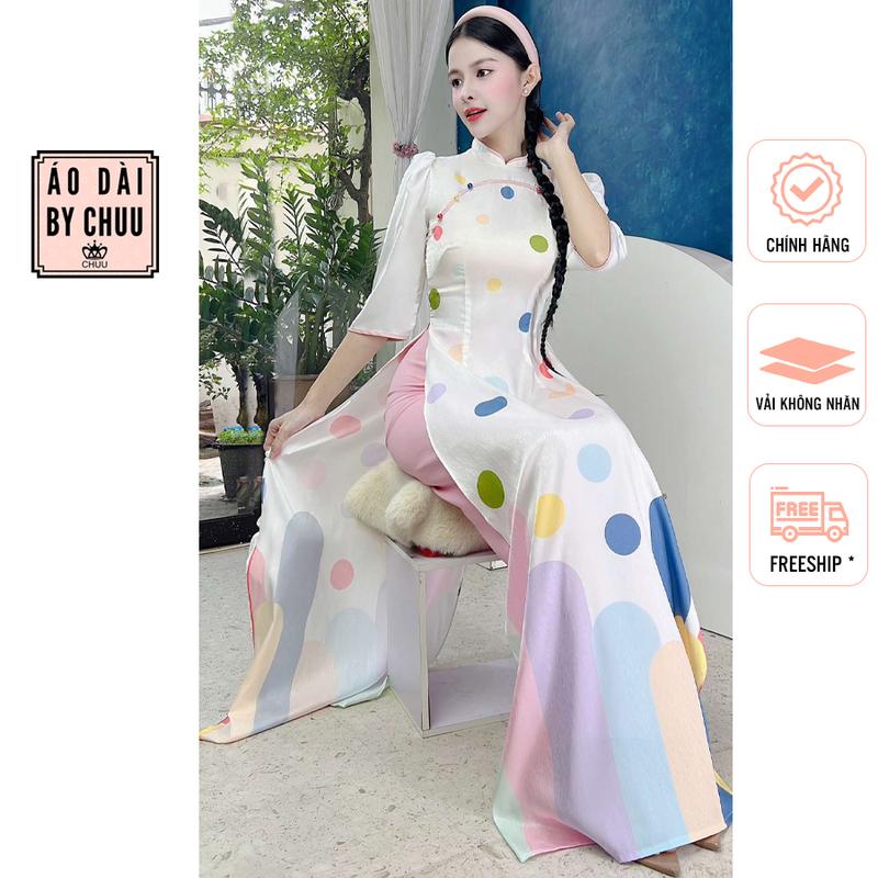 Áo dài truyền thống nữ kiểu bèo cong in họa tiết chấm tròn city không kèm quần CHUU AD1573