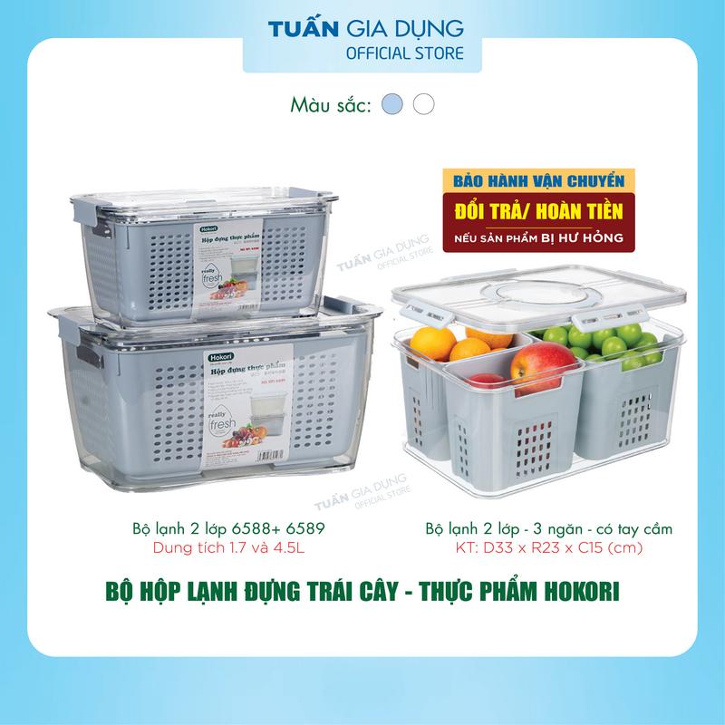 Hộp đựng thực phẩm, trái cây để tủ lạnh 2 lớp, Hộp nhựa bảo quản thực phẩm 2-3 ngăn, 2 lớp, có tây cầm Hokori