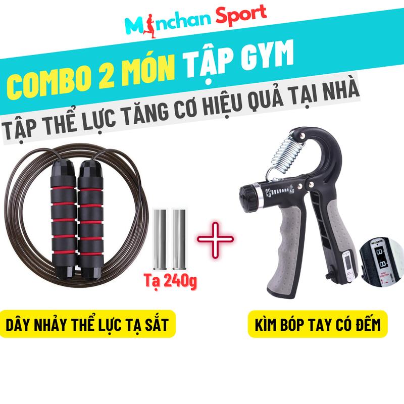 Combo 2: Dây nhảy thể dục lõi thép có tạ 360g và Kìm bóp tay máy đếm tập gym tại nhà tăng cơ hiệu quả Minchan Sport