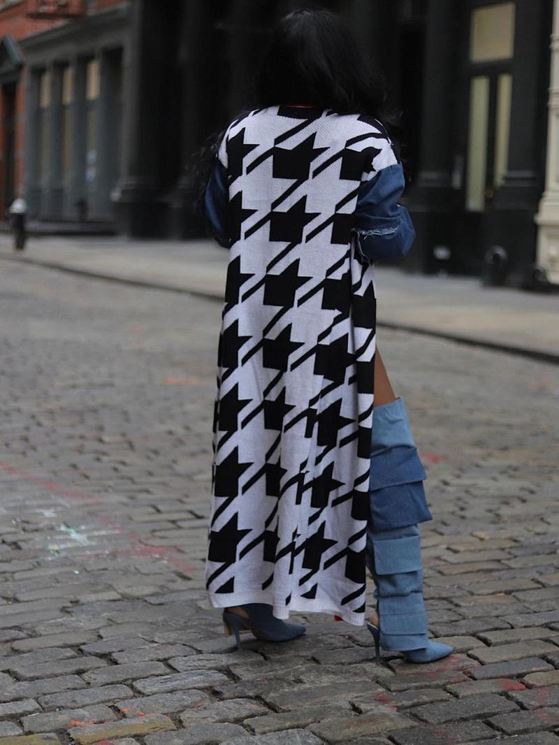 Product Introduction of Women's Houndstooth Patchwork Print Drop Shoulder Longline Cardigan, Casual Long Sleeve Open Front Knitwear for Fall & Winter, Fashion Ladies' Knit Clothing for Daily Wear, Sweaters for Women 8
