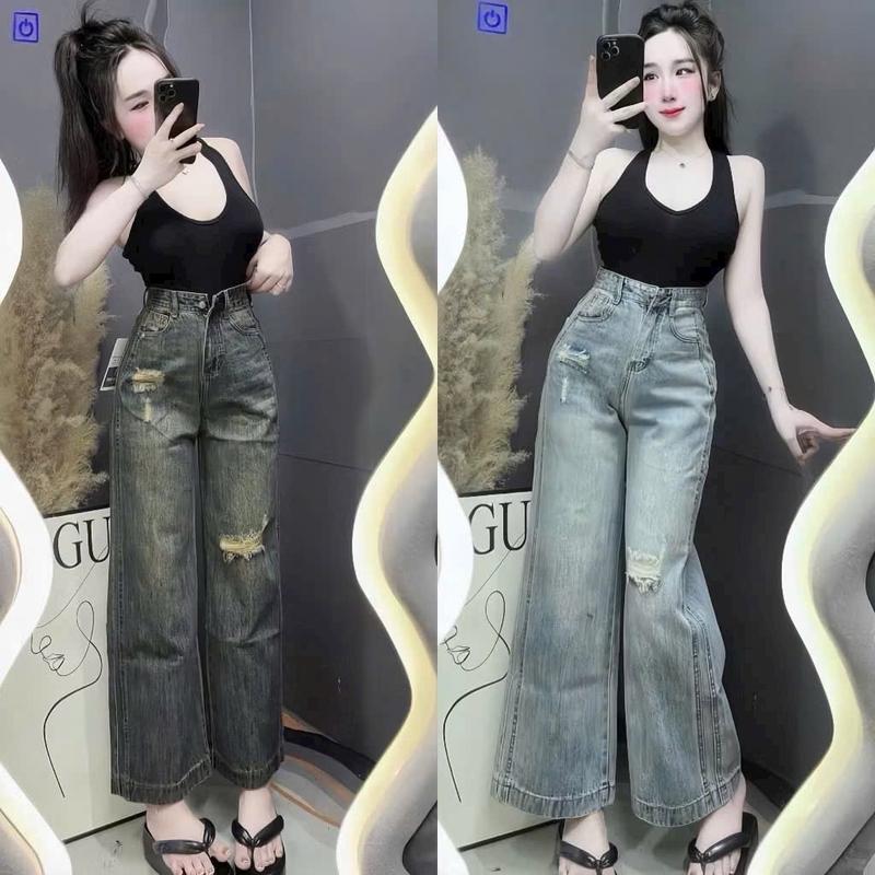 [S/M/L/XL/2XL]- Quần Jean Suông 9 Tất 92cm Rách Nhẹ Phối Viền Sườn Lưng Cao  Women  Pants
