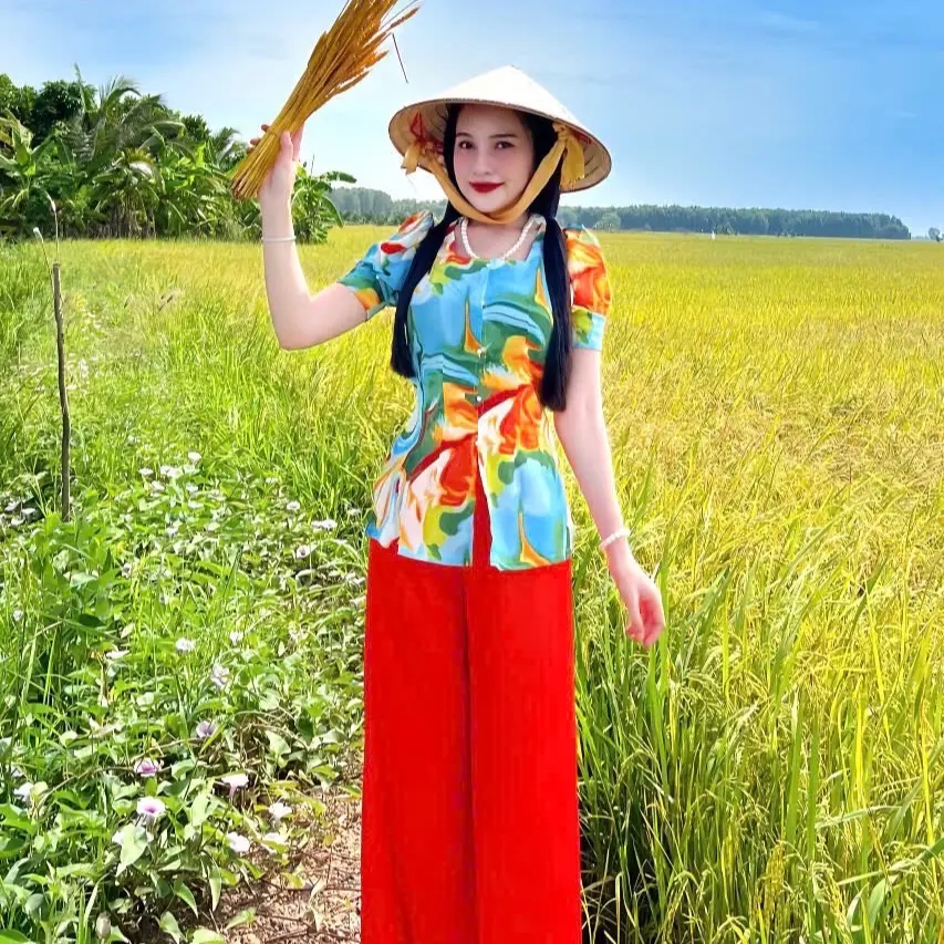 áo bà ba - lụa mango Mẫu cổ vuông sơn thủy tay phồng