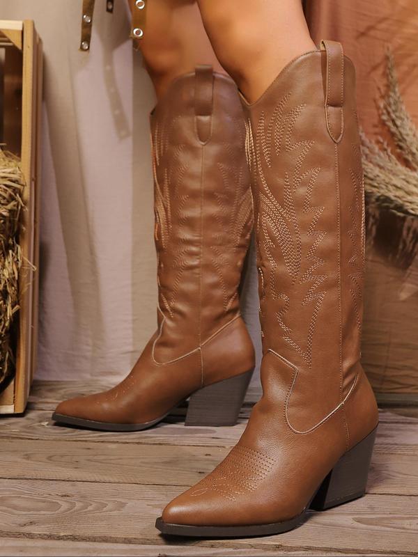 Women's Fashionable Solid Color Cowboy Boots, Casual Pointed Toe Western Boots for Daily Wear, Trendy All-match Knee Boots for Fall & Winter 4