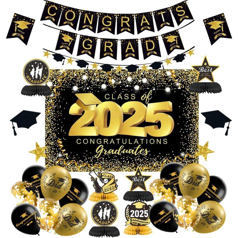 Graduation Decorations 2025 Black and Gold Set Graduation Party Decor ...