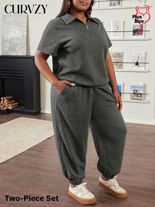 CURVZY Plus Size Autumn Aesthetic Solid Zipper Polo Collar Tee & Pocket Pants Two-piece Set, Casual Short Sleeve Top & Trousers for Daily Wear, Women's Two-piece Outfits for All Seasons
