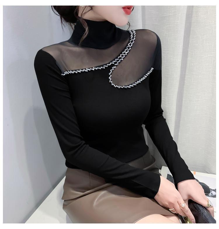 Product Introduction of Áo Mỏng Cho Nữ, Cổ Lọ European Station, Khâu Lưới, Thiết Kế khoét Dài Tay, Dáng Ôm, Hàng Mới Về Năm 2024, Thích Hợp Cho Mùa Thu Và Mùa Đông, Có Dát Kim Cương Top Women Sơ Mi Shirt 18