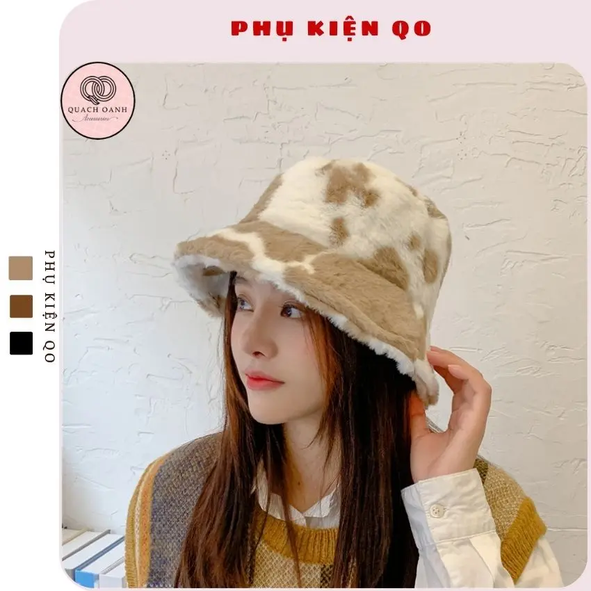 Mũ lông bucket họa tiết bò sữa giữ ấm BUK19
