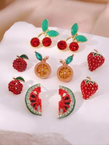 Lindo juego de aretes con diseño de frutas, aretes de frutas con decoración de diamantes de imitación, joyería de moda para fiesta, decoración de ropa diaria, joyería de moda para todo fósforo y exquisita para regalo de cumpleaños